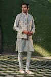 Shop_Label Niti Bothra_Blue Silk Chanderi Printed Floral Nehru Jacket And Kurta Set_Online_at_Aza_Fashions