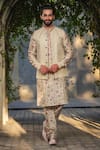 Buy_Label Niti Bothra_Ivory Silk Chanderi Embroidery Stitchline Thread Bundi And Kurta Set _at_Aza_Fashions