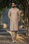 Label Niti Bothra_Ivory Silk Chanderi Embroidery Stitchline Thread Bundi And Kurta Set _at_Aza_Fashions