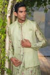 Buy_Label Niti Bothra_Green Silk Chanderi Embroidery Stitchline Thread Bundi And Kurta Set_Online_at_Aza_Fashions