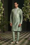 Buy_Label Niti Bothra_Green Silk Chanderi Embroidery Thread Placket Kurta And Churidar Set _at_Aza_Fashions