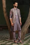 Shop_Label Niti Bothra_Purple Silk, Chanderi Embroidery Botanical Print Nehru Jacket _Online_at_Aza_Fashions