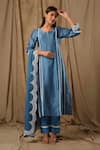 Buy_Gulabik Jaipur_Blue Handloom Chanderi Embellished Vine Lace Notched Kurta Pant Set  _at_Aza_Fashions