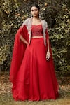 Buy_Basanti - Kapde Aur Koffee_Red Organza Embroidered Flora Blouse Sweetheart Cape And Lehenga Set _at_Aza_Fashions