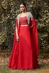 Basanti - Kapde Aur Koffee_Red Organza Embroidered Flora Blouse Sweetheart Cape And Lehenga Set _Online_at_Aza_Fashions