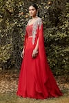 Basanti - Kapde Aur Koffee_Red Organza Embroidered Flora Blouse Sweetheart Cape And Lehenga Set _at_Aza_Fashions