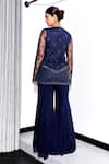 Shop_Label Sanya Gulati_Blue Net Embroidery Glass Bead V Neck Tonal Kurta Flared Pant Set _at_Aza_Fashions