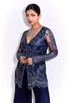 Buy_Label Sanya Gulati_Blue Net Embroidery Glass Bead V Neck Tonal Kurta Flared Pant Set 