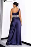 Shop_Label Sanya Gulati_Blue Satin Embroidery Glass Bead Asymmetric Waistband Draped Corset Jumpsuit _at_Aza_Fashions