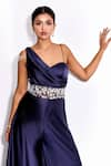 Shop_Label Sanya Gulati_Blue Satin Embroidery Glass Bead Asymmetric Waistband Draped Corset Jumpsuit _Online_at_Aza_Fashions