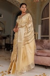 Geroo Jaipur_Gold Tissue Woven Zari Floral Stripe Saree With Unstitched Blouse Piece_Online_at_Aza_Fashions