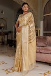 Shop_Geroo Jaipur_Gold Tissue Woven Zari Floral Stripe Saree With Unstitched Blouse Piece_Online_at_Aza_Fashions