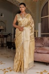 Buy_Geroo Jaipur_Gold Tissue Woven Zari Floral Stripe Saree With Unstitched Blouse Piece_at_Aza_Fashions