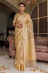 Geroo Jaipur_Gold Tissue Woven Zari Lotus Border Saree With Unstitched Blouse Piece_Online_at_Aza_Fashions