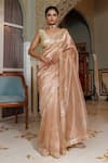 Geroo Jaipur_Pink Pure Banarasi Tissue Embroidery Gota Saree With Unstitched Blouse Piece_Online_at_Aza_Fashions