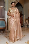 Buy_Geroo Jaipur_Pink Pure Banarasi Tissue Embroidery Gota Saree With Unstitched Blouse Piece_at_Aza_Fashions