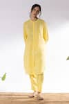 Buy_Pants and Pajamas_Yellow Cotton Embroidered Thread Mandarin Collar Kurta And Pant Set _at_Aza_Fashions