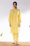 Pants and Pajamas_Yellow Cotton Embroidered Thread Mandarin Collar Kurta And Pant Set _Online_at_Aza_Fashions