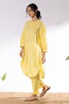 Buy_Pants and Pajamas_Yellow Cotton Embroidered Thread Mandarin Collar Kurta And Pant Set _Online_at_Aza_Fashions