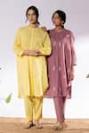 Buy_Pants and Pajamas_Yellow Cotton Embroidered Thread Mandarin Collar Kurta And Pant Set 