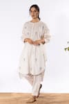 Buy_Pants and Pajamas_White Cotton Embroidered Thread Mandarin Collar Chikan Kurta And Pant Set _at_Aza_Fashions