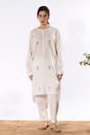 Pants and Pajamas_White Cotton Embroidered Thread Mandarin Collar Chikan Kurta And Pant Set _Online_at_Aza_Fashions