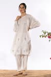 Buy_Pants and Pajamas_White Cotton Embroidered Thread Mandarin Collar Chikan Kurta And Pant Set _Online_at_Aza_Fashions