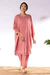 Buy_Pants and Pajamas_Pink Cotton Embroidered Thread Mandarin Collar Chikan Work Kurta And Pant Set _at_Aza_Fashions