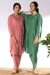 Pants and Pajamas_Pink Cotton Embroidered Thread Mandarin Collar Chikan Work Kurta And Pant Set _Online_at_Aza_Fashions