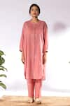 Shop_Pants and Pajamas_Pink Cotton Embroidered Thread Mandarin Collar Chikan Work Kurta And Pant Set _Online_at_Aza_Fashions