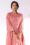 Pants and Pajamas_Pink Cotton Embroidered Thread Mandarin Collar Chikan Work Kurta And Pant Set _at_Aza_Fashions