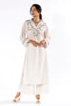 Buy_Pants and Pajamas_White Cotton Embroidered Thread V Neck Floral Work Kurta And Flared Pant Set _at_Aza_Fashions