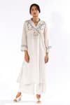 Pants and Pajamas_White Cotton Embroidered Thread V Neck Floral Work Kurta And Flared Pant Set _Online_at_Aza_Fashions