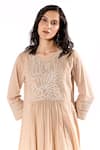 Shop_Pants and Pajamas_Beige Cotton Embroidered Thread Round Kurta And Flared Pant Set _Online_at_Aza_Fashions