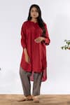 Buy_Pants and Pajamas_Red Cotton Round Solid Kurta And Stripe Print Pant Set _at_Aza_Fashions