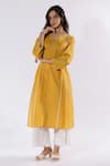 Buy_Pants and Pajamas_Yellow Dobby Cotton Embroidered Thread Notched Kurta And Flared Pant Set _Online_at_Aza_Fashions