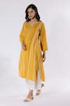 Pants and Pajamas_Yellow Dobby Cotton Embroidered Thread Notched Kurta And Flared Pant Set _at_Aza_Fashions