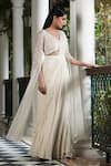 Basanti - Kapde Aur Koffee_White Georgette Embellished Bead V-neck Plain Pre-draped Saree With Blouse _Online_at_Aza_Fashions