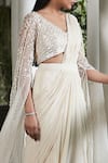 Buy_Basanti - Kapde Aur Koffee_White Georgette Embellished Bead V-neck Plain Pre-draped Saree With Blouse _Online_at_Aza_Fashions