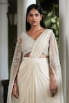 Shop_Basanti - Kapde Aur Koffee_White Georgette Embellished Bead V-neck Plain Pre-draped Saree With Blouse _Online_at_Aza_Fashions