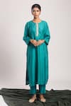 Buy_Tuli_Green Denim Round Neck Ratna Straight Kurta With Pant _at_Aza_Fashions