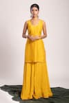 Shop_Tuli_Yellow Denim, Organza Embroidery Square Neck Pitah Kurta Sharara Set _Online_at_Aza_Fashions