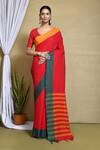 Buy_Nazaakat by Samara Singh_Red Pure Cotton Plain Color Block Pattern Saree With Running Blouse_at_Aza_Fashions