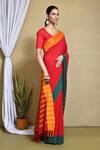 Buy_Nazaakat by Samara Singh_Red Pure Cotton Plain Color Block Pattern Saree With Running Blouse_Online_at_Aza_Fashions