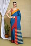 Buy_Nazaakat by Samara Singh_Blue Pure Cotton Plain Contrast Panel Saree With Running Blouse_at_Aza_Fashions