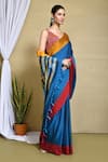 Buy_Nazaakat by Samara Singh_Blue Pure Cotton Plain Contrast Panel Saree With Running Blouse_Online_at_Aza_Fashions