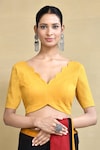 Buy_Nazaakat by Samara Singh_Yellow Linen Cotton Solid Scalloped V-neck Fitted Blouse_at_Aza_Fashions