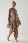 Buy_Rajdeep Ranawat_Beige Silk Print French Florid Band Collar Neck Nilofer Tunic  _at_Aza_Fashions