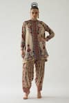Rajdeep Ranawat_Beige Silk Print French Florid Band Collar Neck Nilofer Tunic  _Online_at_Aza_Fashions