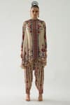 Buy_Rajdeep Ranawat_Beige Silk Print French Florid Band Collar Neck Nilofer Tunic  _Online_at_Aza_Fashions